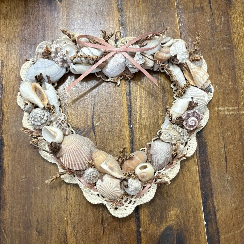 Vtg Handmade Sea Shell Doily Heart Shaped Wall Decor Granny Cottage Beach House